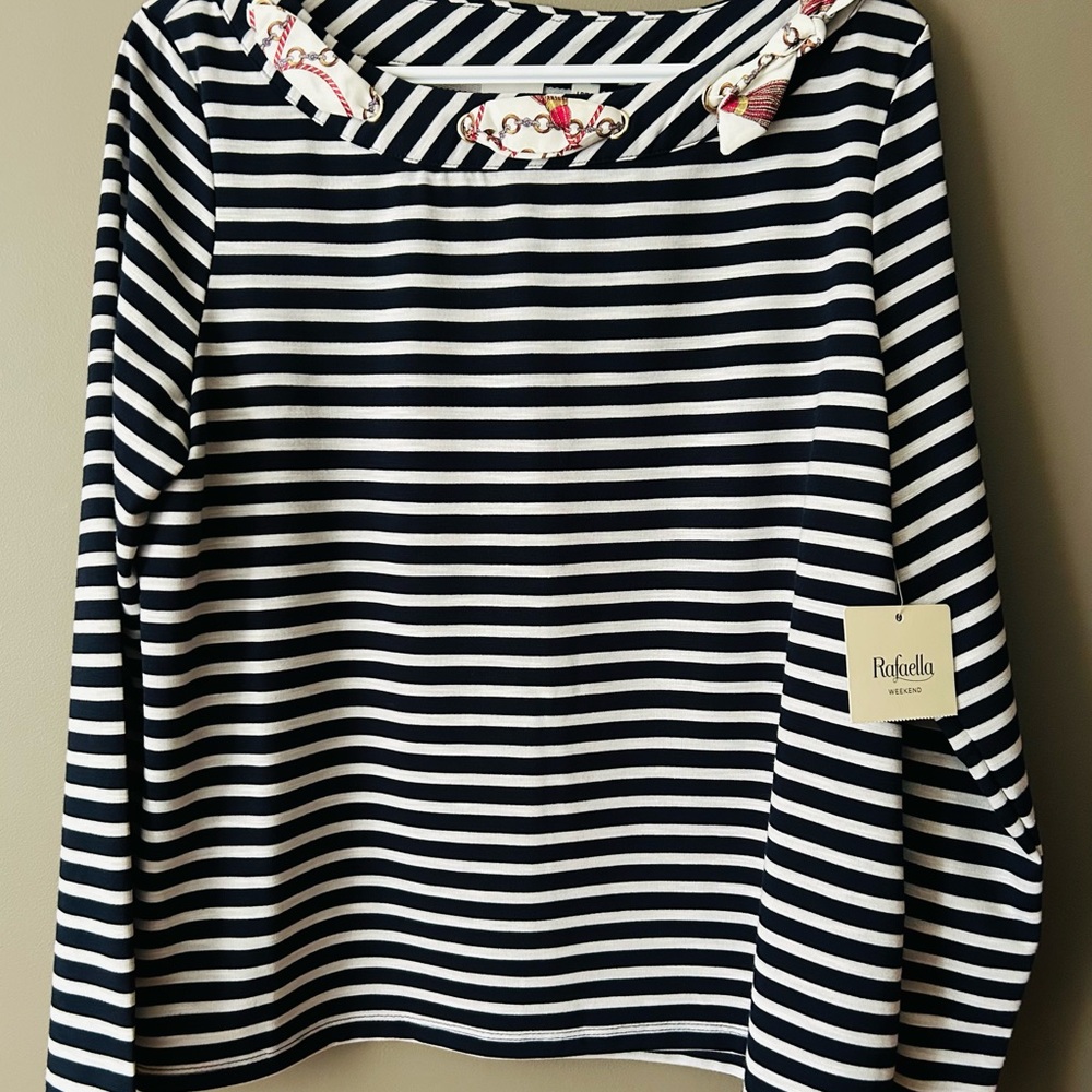 Rafaella Navy and Cream Striped Top with Chain Accent